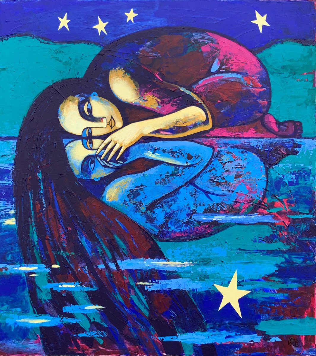 Surrealistic Portrait Acrylic Painting By Elena Tomilova, 35 X 39, Reflection, Original Artwork