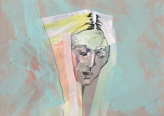 veil beautiful face green portrait painting emotional figurative acrylic abstract wall art