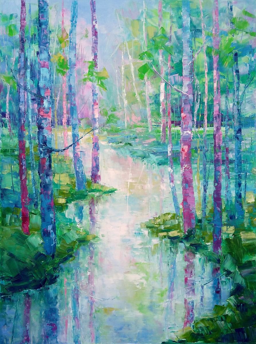 SPRING IS SPEAKING IN BLUE AND PINK, 60x80cm, springtime forest trees river landscape by Emilia Milcheva