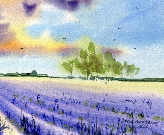 Lavender field original watercolor painting with Provance landscape, lavender flowers art