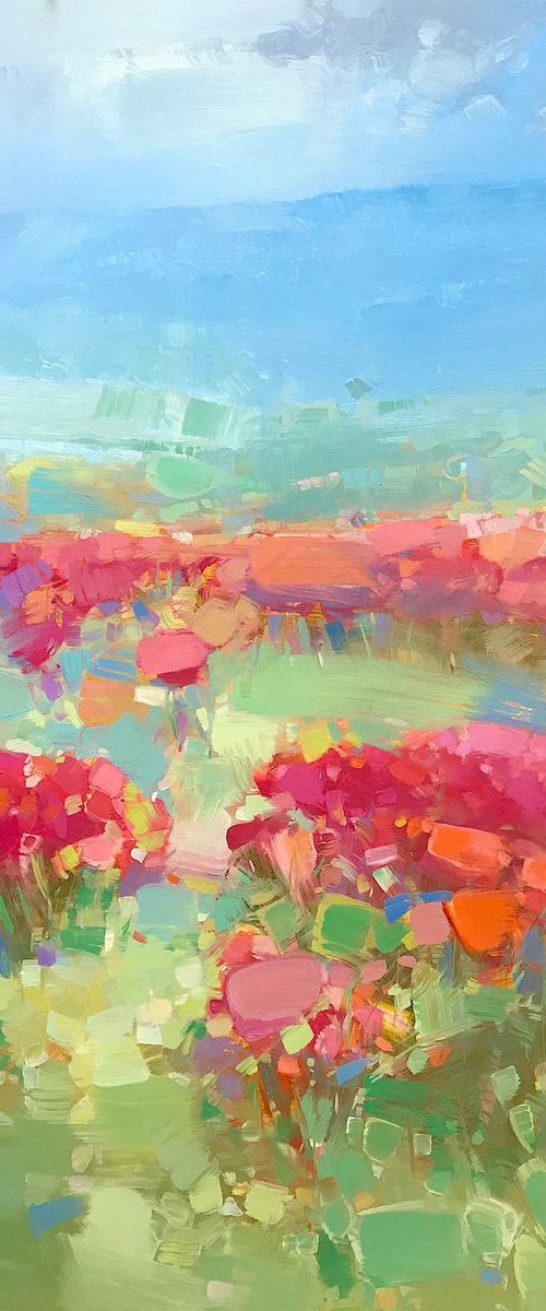 Hill of Red Flowers, Landscape Original oil painting, One of a kind Signed by Vahe Yeremyan