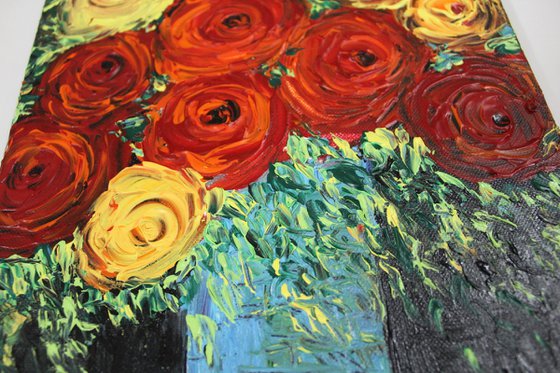 Roses are Red and Yellow- Palette knife floral still life painting - impasto artwork.