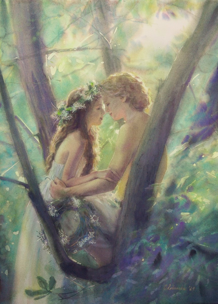 Portrait Watercolour By Olha Retunska, 22 X 30", Forest Scene, Original Artwork