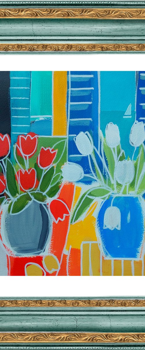 Tulips and Blue Shutters by Jan Rippingham