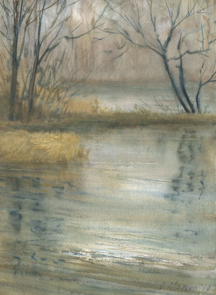 Spring water / Original artwork Watercolor landscape Ponds by Olha Malko