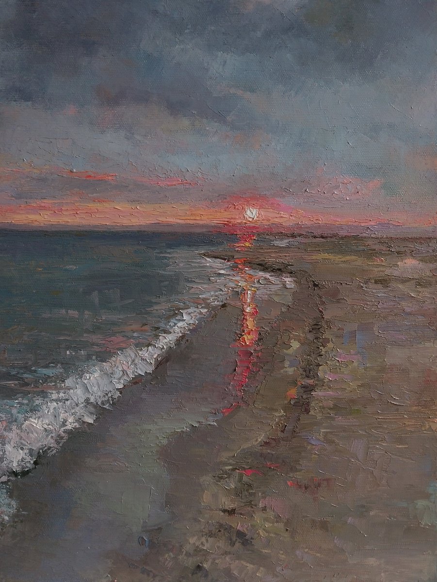 Impressionistic Landscape Oil Painting By Kamsar Ohanyan, 12 X 16", Sunset On The Beach, Original Artwork