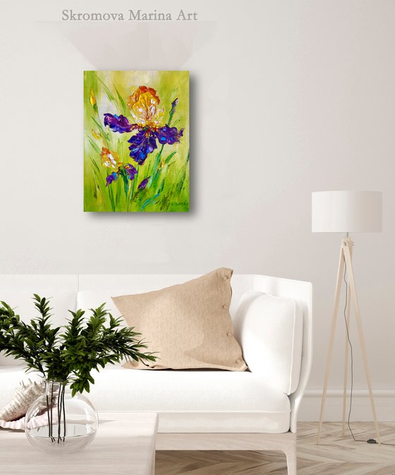 BRIGHT BLUE IRIS - Lovely flowers. Field irises. Summer day. Petals. Nature. Greenery. Beauty.