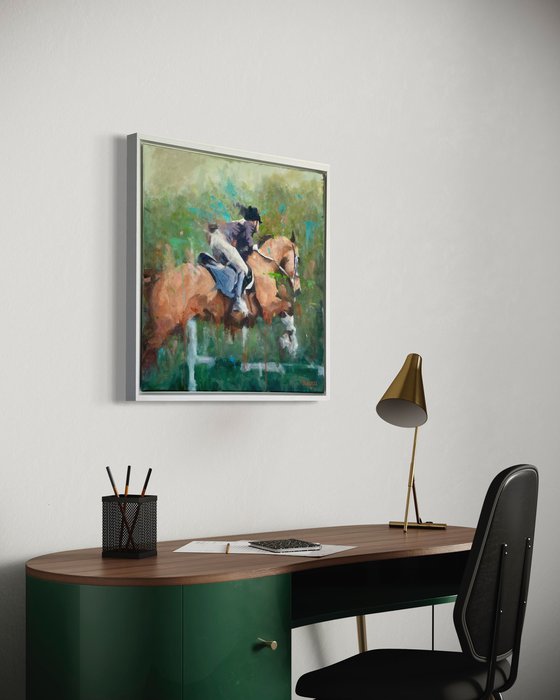 Whiskey - Framed Show jumping Oil Painting - 55cm x 55cm