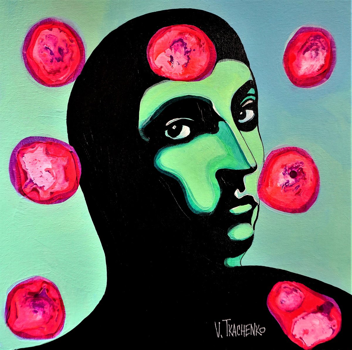 Organic Portrait Acrylic Painting By Victor Tkachenko, 12 X 12", Seven, Original Artwork