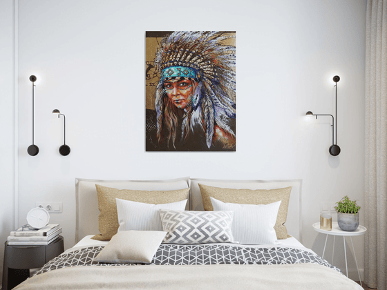 Portrait native american woman - portrait abstract girl, headdress feathers birds