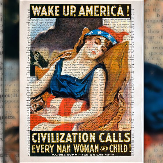 Wake Up, America! - Collage Art Print on Large Real English Dictionary Vintage Book Page