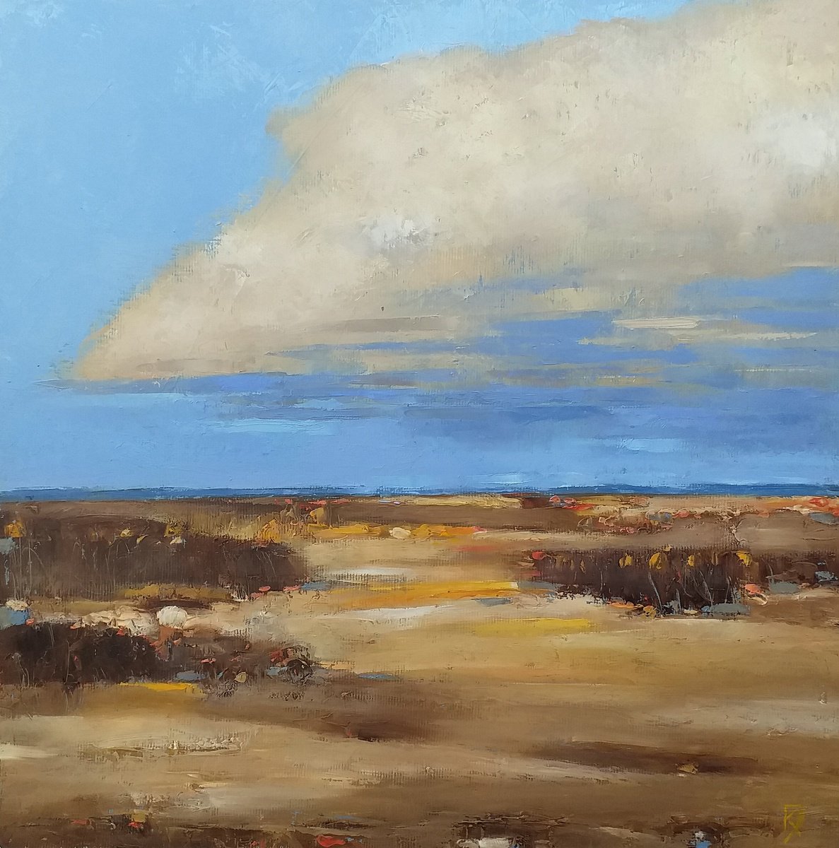 Abstract Landscape Oil Painting By Kestutis Jauniskis, 14 X 14", Landscape 52, Original Artwork