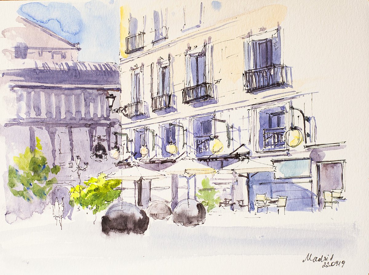 Madrid. Opera. Street sketch. Urban watercolor landscape stude artwork small city landscap... by Sasha Romm