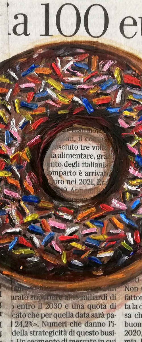 "Brown Donut on Newspaper" Original Oil on Canvas Board Painting 6 by 6 inches (15x15 cm) by Katia Ricci