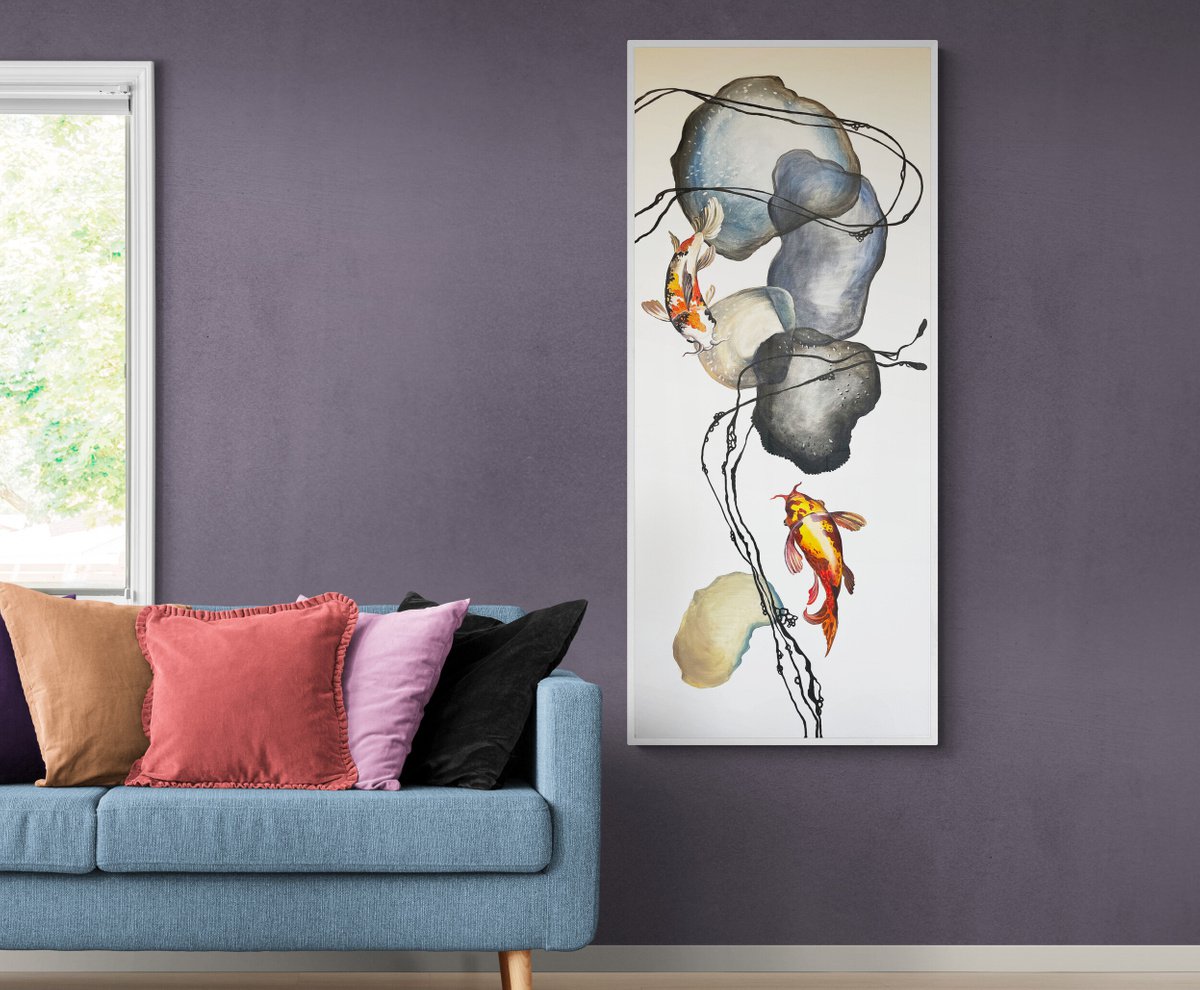 Impressionistic Animal Acrylic Painting By Maria Kireev, 24 X 55", Koi Fish In Gray Bubbles, Original Artwork