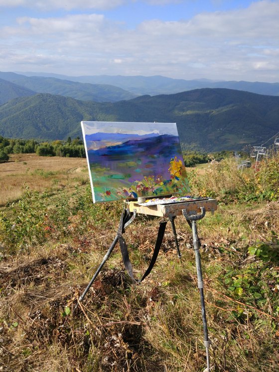 Fall landscape Mountains Ukrainian Carpathian. Original oil painting
