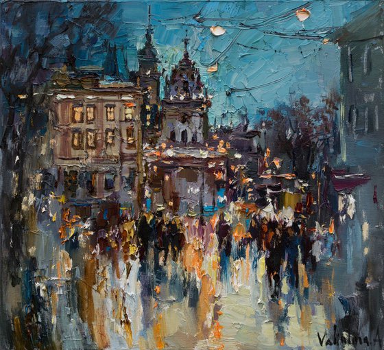 Lviv - Original oil painting of the evening city