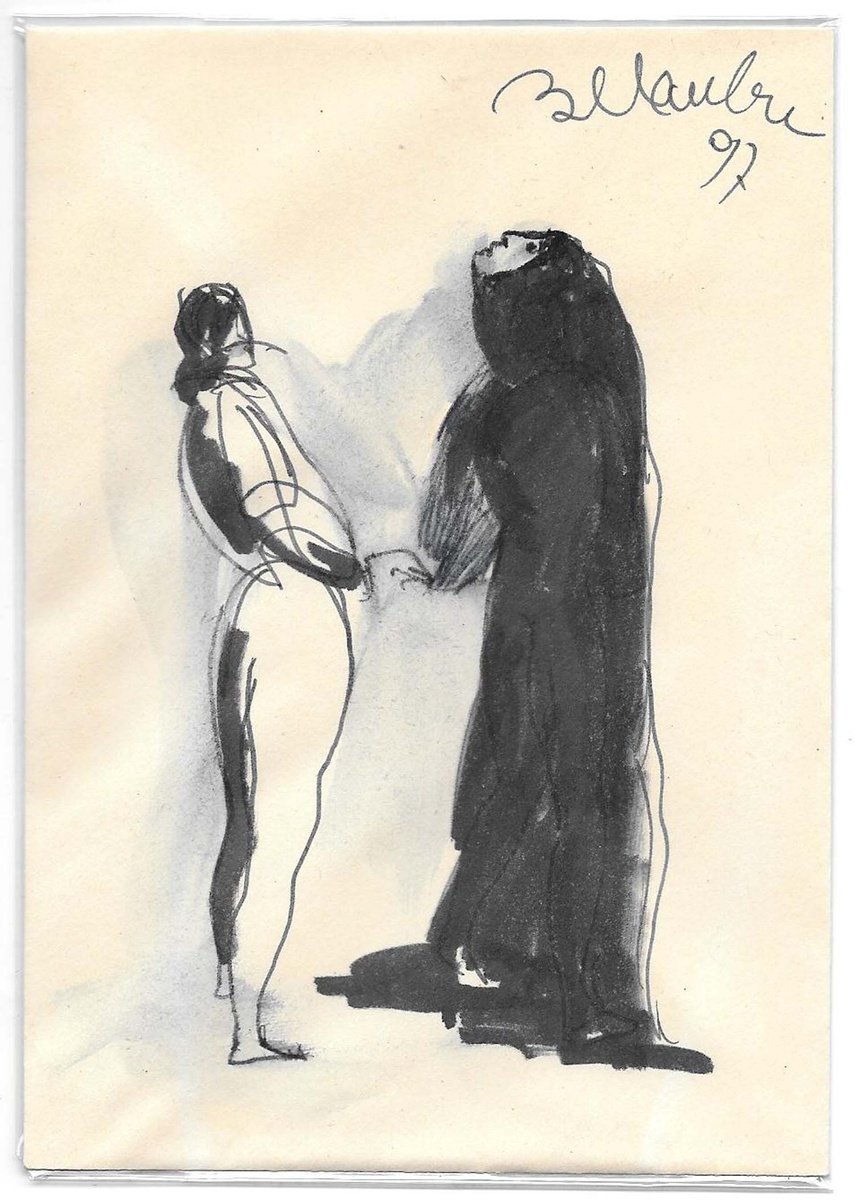 Expressive Portrait Ink Drawing By Frederic Belaubre, 5 X 6, Envelope 5, Original Artwork