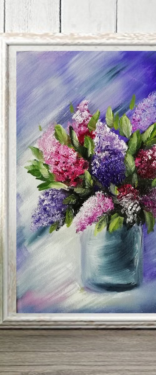 Lilac, flowers, original floral small gift idea, art for home, bedroom painting by Nataliia Plakhotnyk