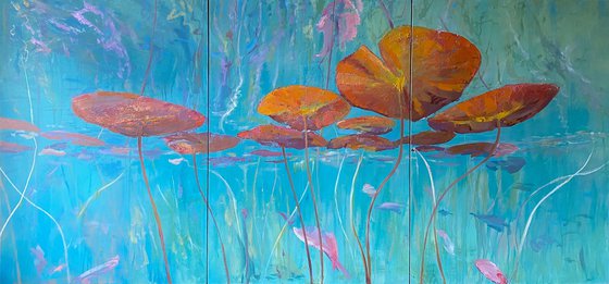 ‘Lilies Surfacing’ Triptych Oil Painting