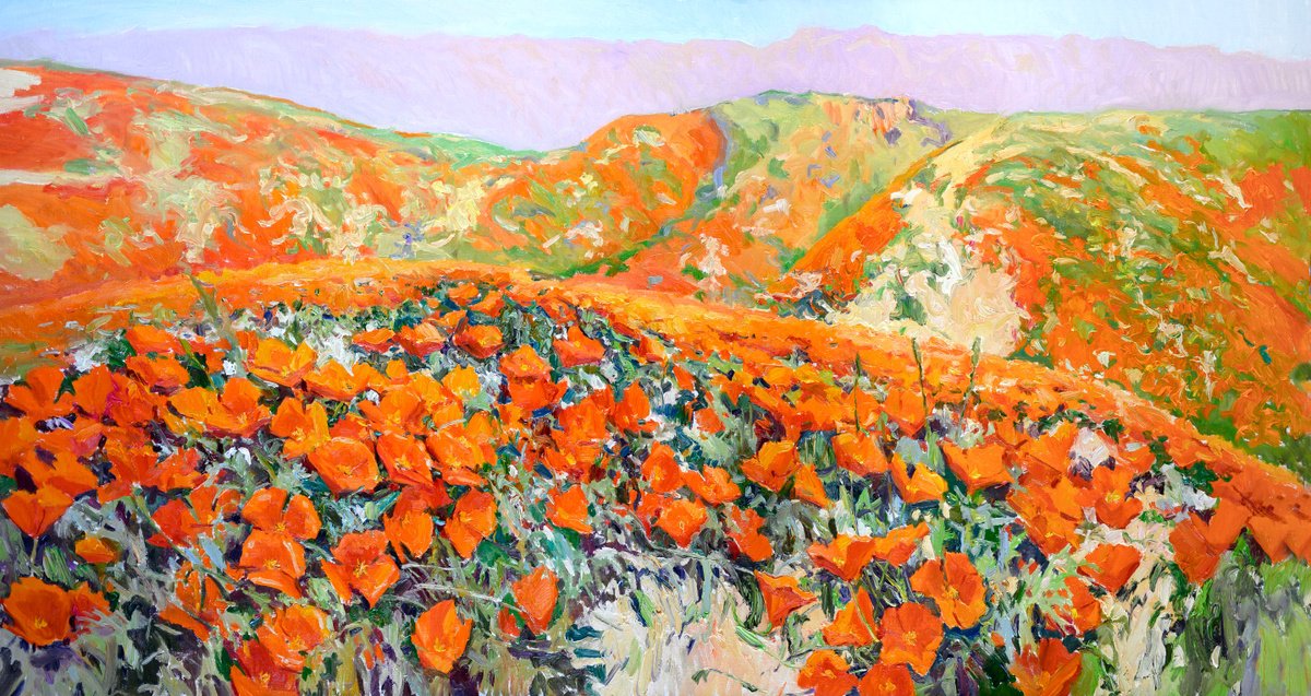 Expressive Landscape Oil Painting By Suren Nersisyan, 60 X 30", California Poppies, Original Artwork