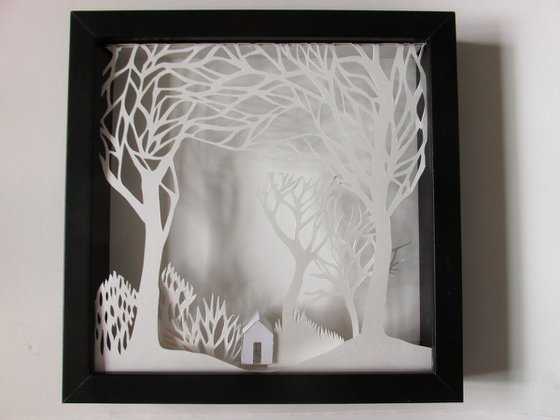 House with trees, paper sculpture