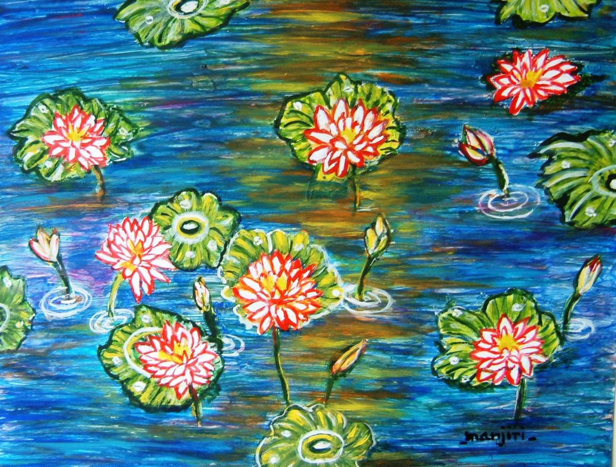 Lotus Pond II vibrant and colorful abstract impressionist painting on SALE by Manjiri Kanvinde