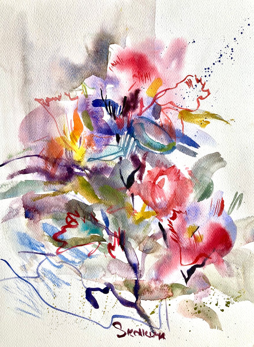 Expressive Botanical Watercolour By Mari Skakun, 12 X 16", Funny Flowers, Original Artwork