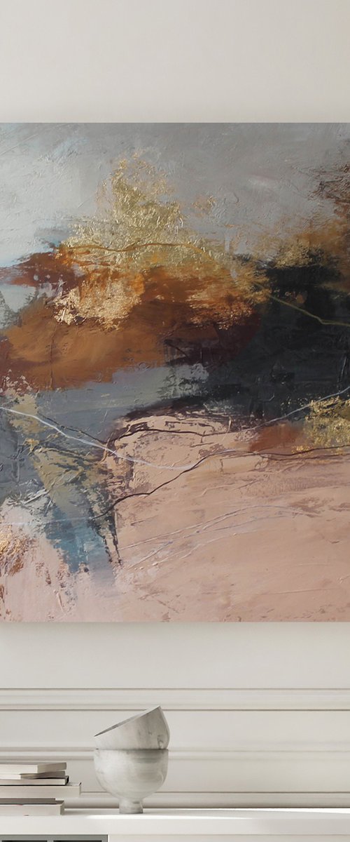 "Orange Flight 4" Abstract brown gray gold by Yana Sagan