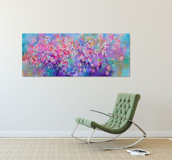 I've Dreamed 55 - Sakura Colorful Blossom - 150x60 cm, Palette Knife Modern Ready to Hang Floral Painting - Flowers Field Acrylics Painting