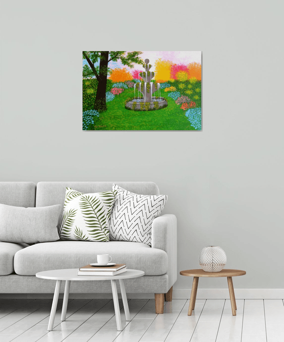 Make A Wish - large wild garden landscape; spring blossoms; wishing fountain; home, office decor; gift idea