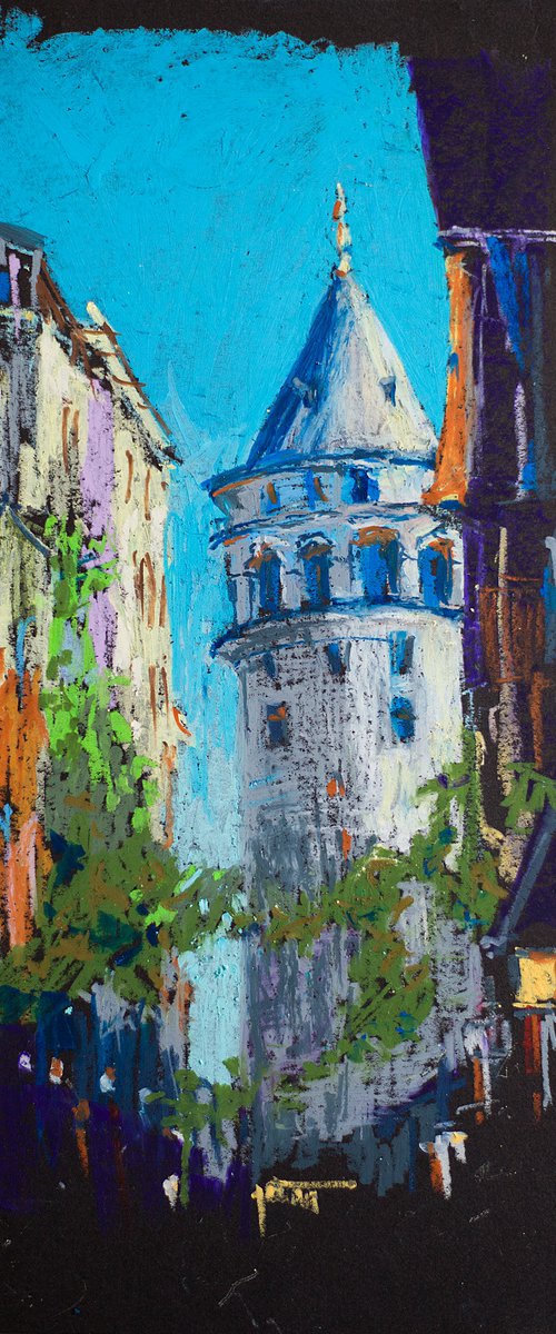 Galata tower in Istanbul. Original oil pastel painting. Small city street scene impressionism impression architecture decor travel turkey urban by Sasha Romm