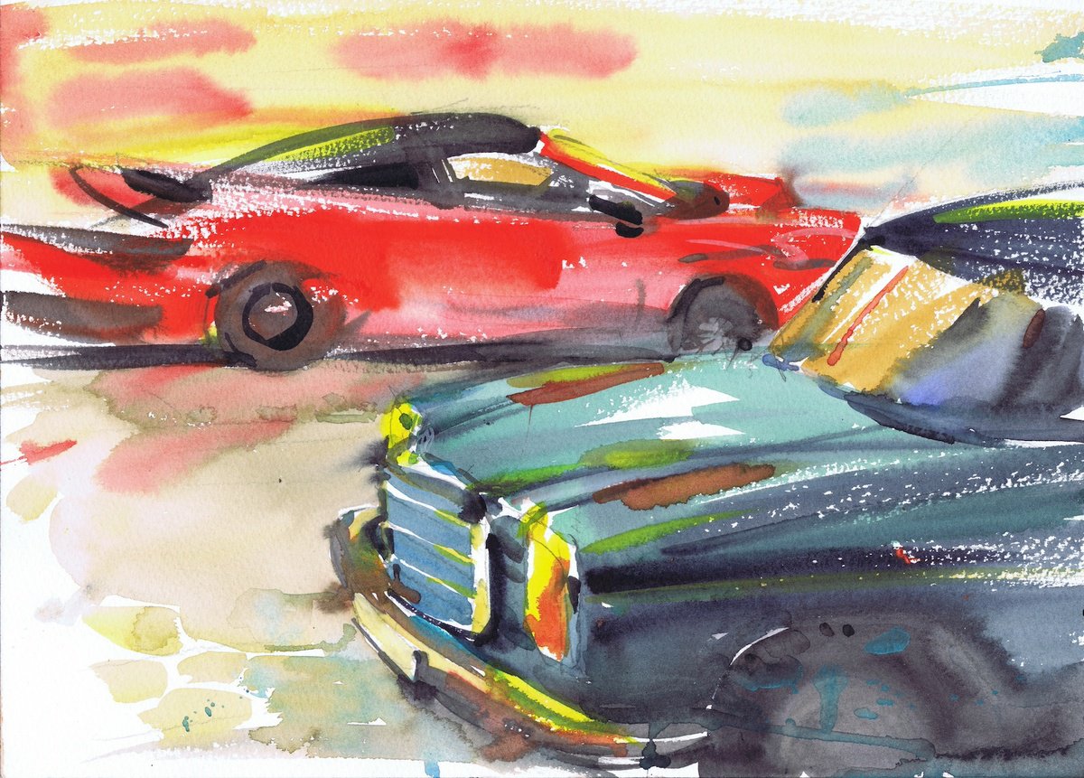 Expressive Transport Watercolour By Samira Yanushkova, 14 X 10", Legends Of The Road, Original Artwork