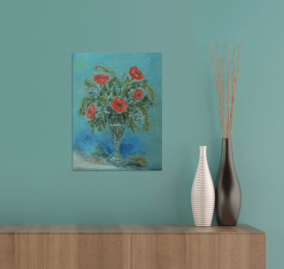 Floral Fantasy Original Contemporary Oil on Canvas Poppies Floral Meadow Flowers Small Botanical Impressionist Painting in a Wine Glass White and Blue Still Life for Home decor Gift (30x40cm)