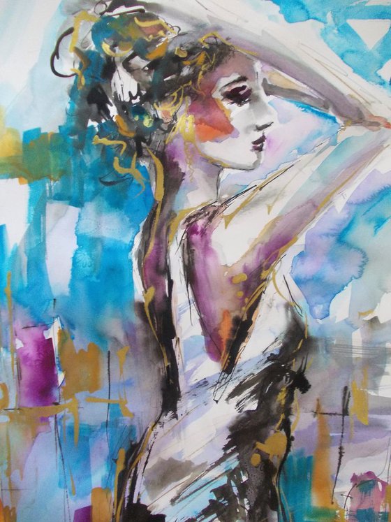 That Moment II-Figurative Watercolor and Ink   On Paper