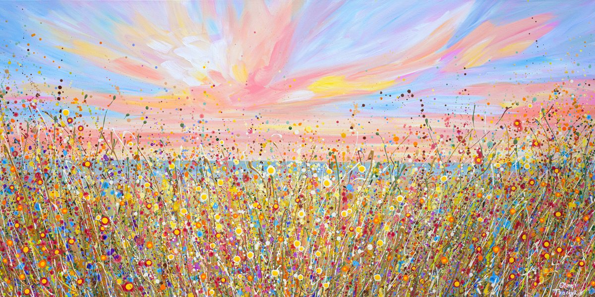 Impressionistic Botanical Acrylic Painting By Olga Tkachyk, 48 X 24", Wildflowers At Sunset, Original Artwork
