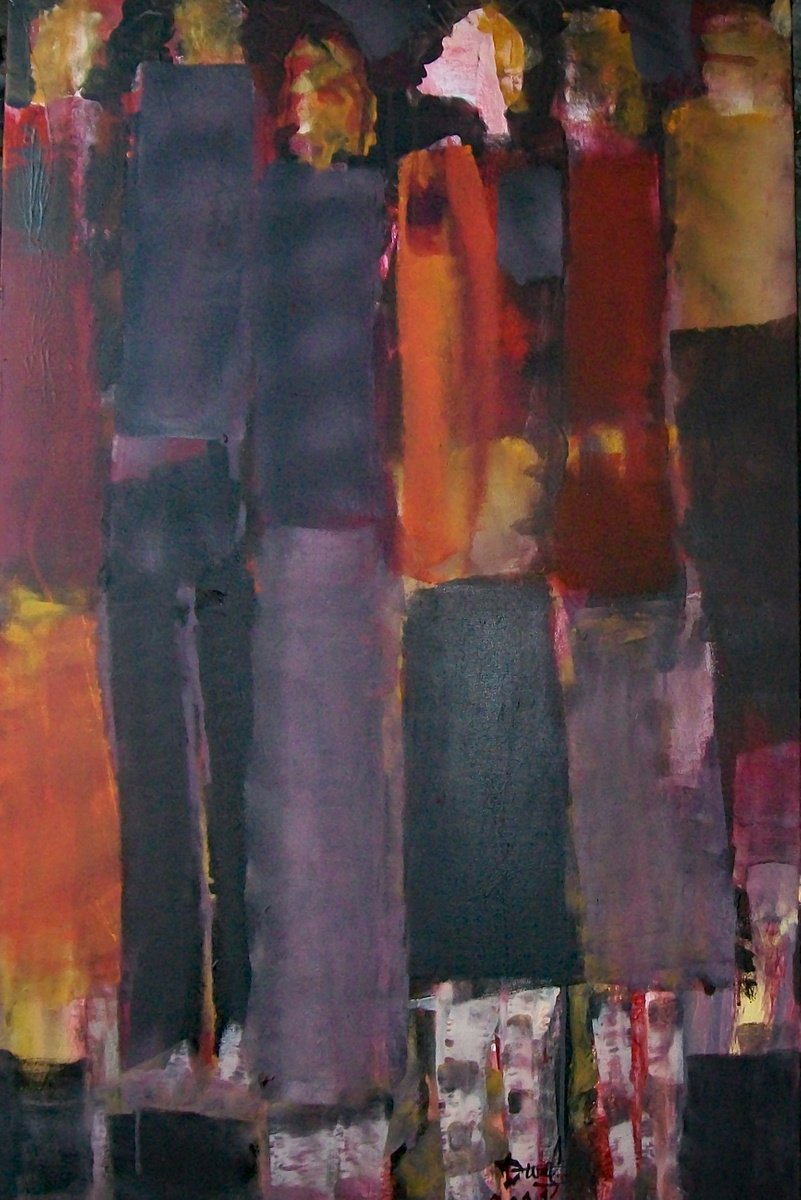 Geometric Abstract Acrylic Painting By Jacques Donneaud, 30 X 45, Silhouettes Nocturnes, Original Artwork