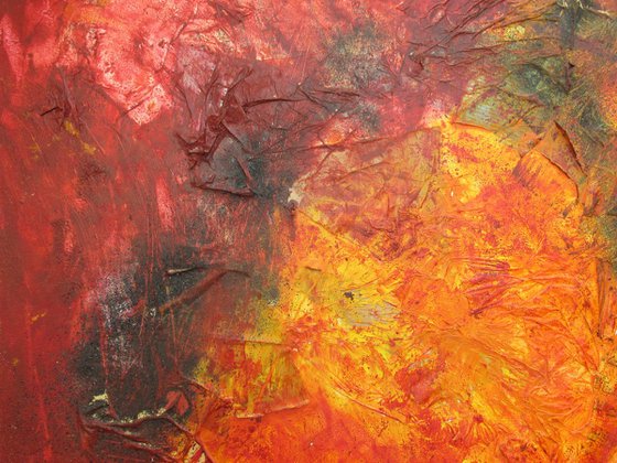 Vulcano on fire abstract red - informel collage painting xl 39x39 inch