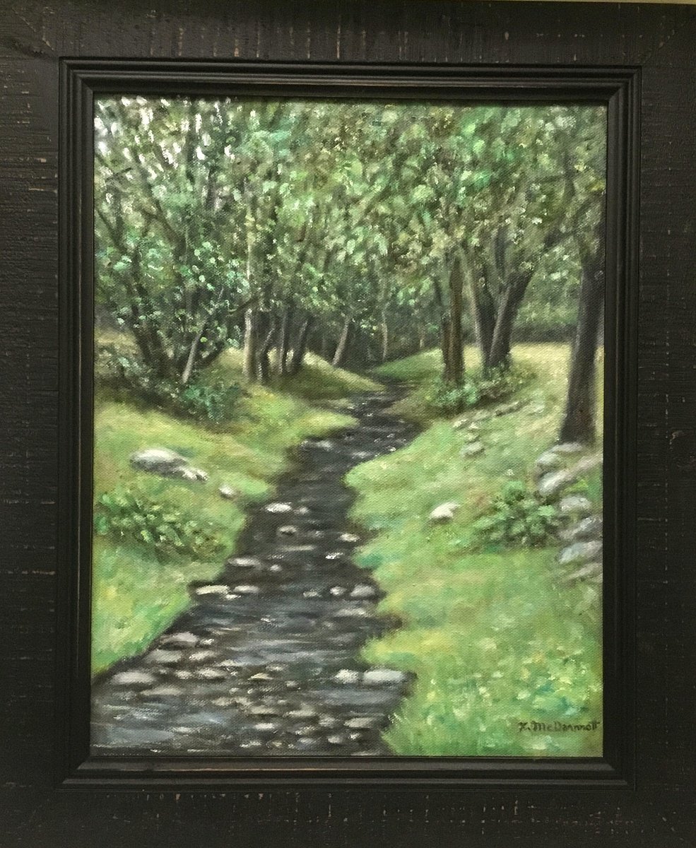Photorealistic Landscape Oil Painting By Kathleen Mcdermott, 15 X 18", Moon Brook From The Footbridge, Original Artwork