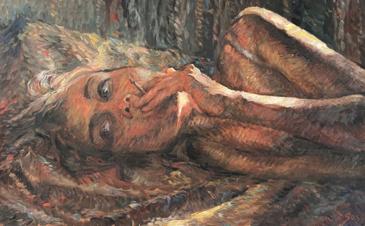 Impressionistic Portrait Oil Painting By Liubou Sas, 31 X 20", Woman In Bed, Original Artwork