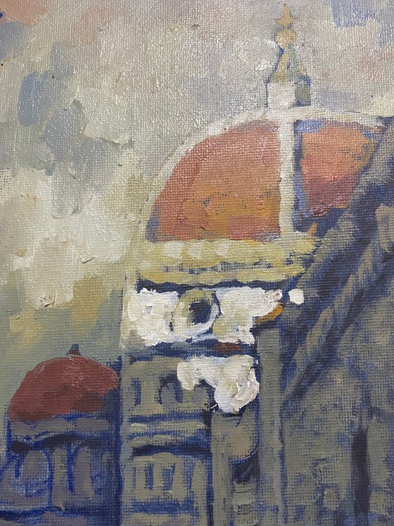 Original Oil Painting Wall Art Artwork Signed Hand Made Jixiang Dong Canvas 25cm × 30cm Cathedral Florence small building Impressionism