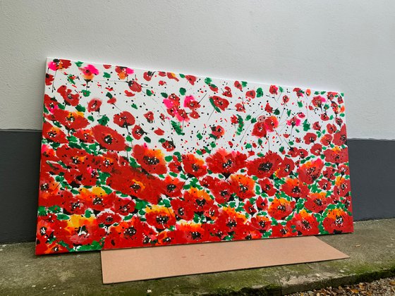 71''x 35''(180 x 90 cm), Garden of Joy 28, art, red green flowers, peony, roses, poppy  original acrylic canvas art, ready to hang