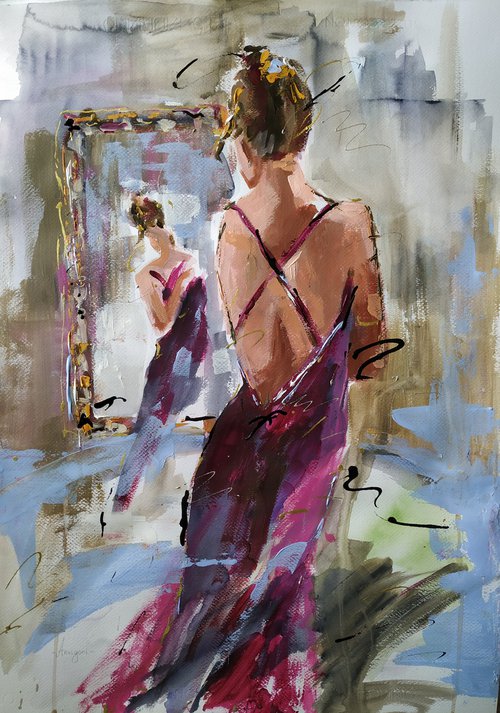 Magenta Dress - Woman Mixed Media Painting on Paper by Antigoni Tziora