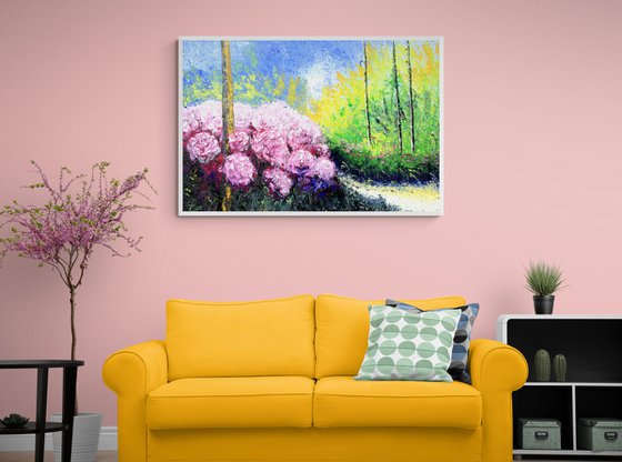 Pink flowers in a sunny day  landscape. ORIGINAL OIL PAINTING ON CANVAS