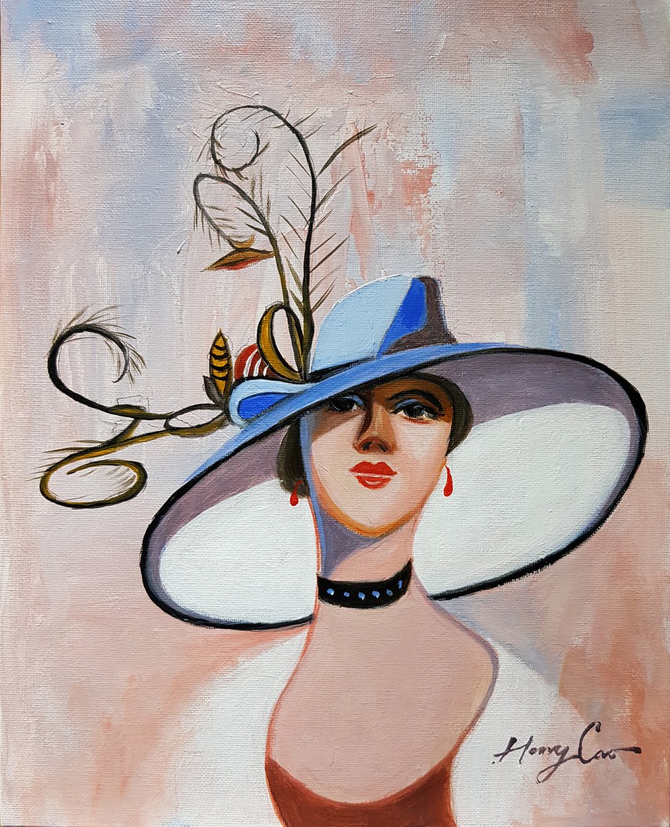 Expressive Portrait Acrylic Painting By Henry Cao, 14 X 17, Trendy Lady, Original Artwork