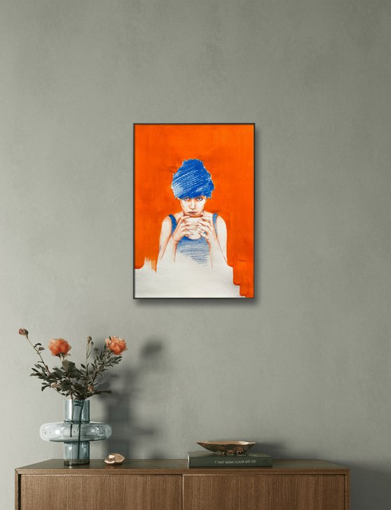 Woman with Cup on Orange Background