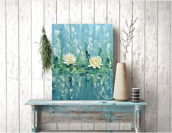 Water Lilies Painting 16x20", Impasto Original Painting, Blue Wall Art Canvas, Heavy Textured Floral Art, Abstract Waterlilies, Gift Artwork