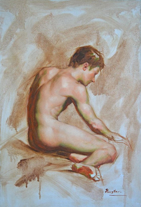 ORIGINAL OIL PAINTING NAKED ART MALE NUDE ON LINEN#16-5-13-01