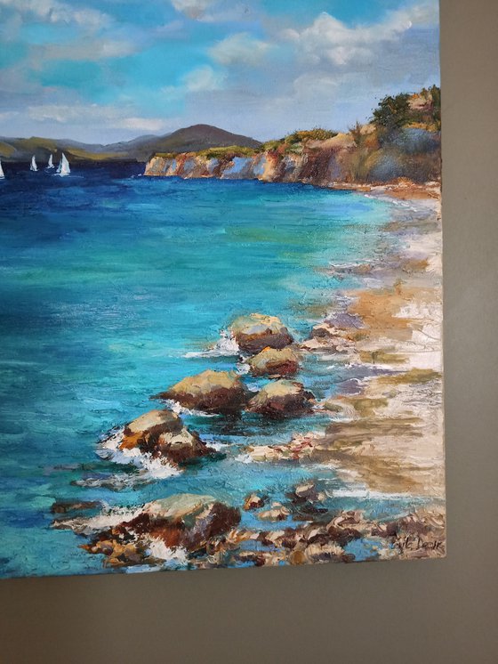 Coastal beach oil painting blue ocean landscape wall decor 20x20"