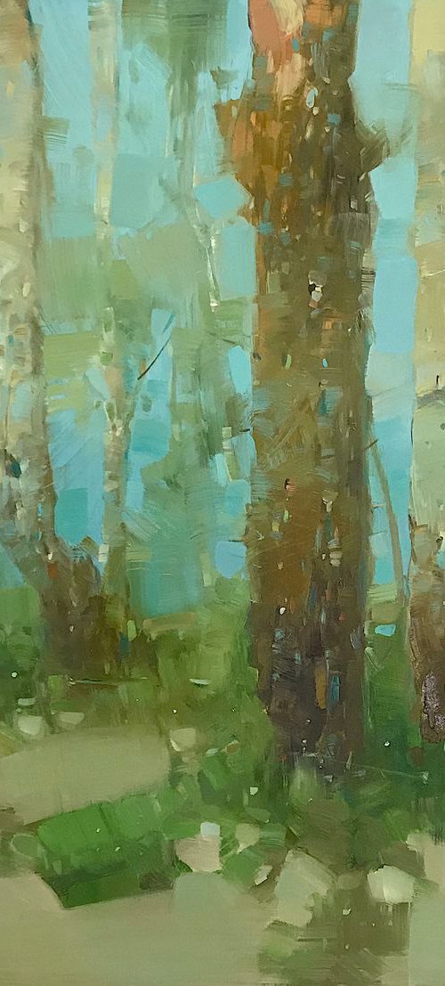 Trees in Emerald, Landscape oil painting, Handmade artwork, by Vahe Yeremyan